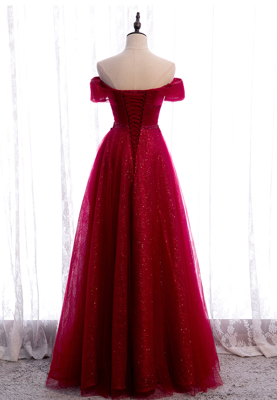 Gown Dress, Burgundy Lace Long Prom Dresses, A-Line Off the Shoulder Evening Dresses