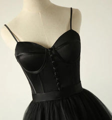 Long Black Dress, Charming Black Spaghetti Straps Sweetheart Tulle Evening Dresses Formal Dress
