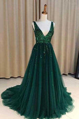 Prom Dresses On Sale, Chic A-Line V Neck Backless Dark Green Tulle Prom Dress with Sequins Evening Dresses