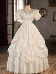 Wedding Dresses Deals, White V-Neck Satin Long Prom Dress, Lace Wedding Dress
