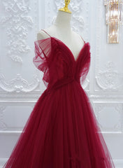 Formal Dress For Wedding Guest, Wine Red Tulle V-Neckline Off Shoulder With Bow, Wine Red Tulle Long Prom Dress