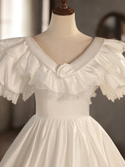 Wedding Dress Inspo, White V-Neck Satin Long Prom Dress, Lace Wedding Dress