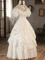 Wedding Dresses Sales, White V-Neck Satin Long Prom Dress, Lace Wedding Dress