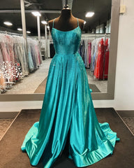 Party Dress Ideas For Curvy Figure, Spaghetti Straps Beaded Teal Blue A-line Long Formal Dress