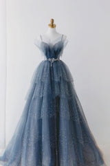 Prom Dress Tight, Gorgeous Blue Sparkly Tulle Beaded Prom Dress, Tiered Formal Gown with Rhinestone