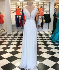 Party Dresses Websites, White A-line chiffon lace long prom dress, white bridesmaid dress
