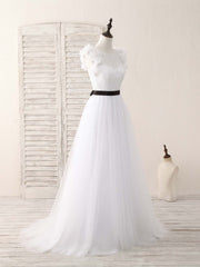 Party Dress Outfit, White A-Line Lace Tulle Long Prom Dress, White Evening Dress