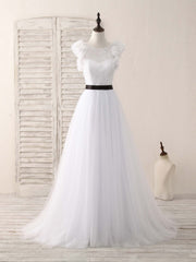 Party Dresses Short, White A-Line Lace Tulle Long Prom Dress, White Evening Dress