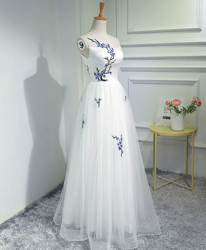 Formal Dresses Elegant Classy, White A-Line Tulle Long Prom Dress, White Evening Dress