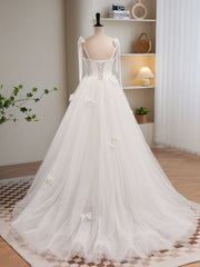 Evening Dress Shopping, White A-line Tulle Long Prom Dress, White Tulle Formal Dress