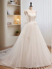 Evening Dress Shops, White A-line Tulle Long Prom Dress, White Tulle Formal Dress