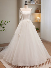 Evening Dress Yde, White A-line Tulle Long Prom Dress, White Tulle Formal Dress