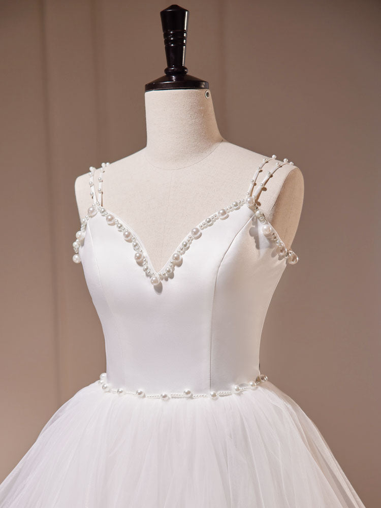 Evening Dress Knee Length, White A-Line Tulle Long Prom Dress, White Tulle Sweet 16 Dresses