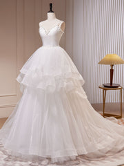 Evening Dresses For Over 43S, White A-Line Tulle Long Prom Dress, White Tulle Sweet 16 Dresses