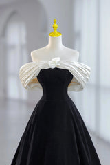 Prom Dresses Long Beautiful, White and Black Velvet Short Prom Dress, Black Off Shoulder Evening Dress