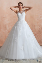 Wedding Dress A Line, White Ball Gown Tulle Lace Appliques Sweetheart Sequins Wedding Dresses