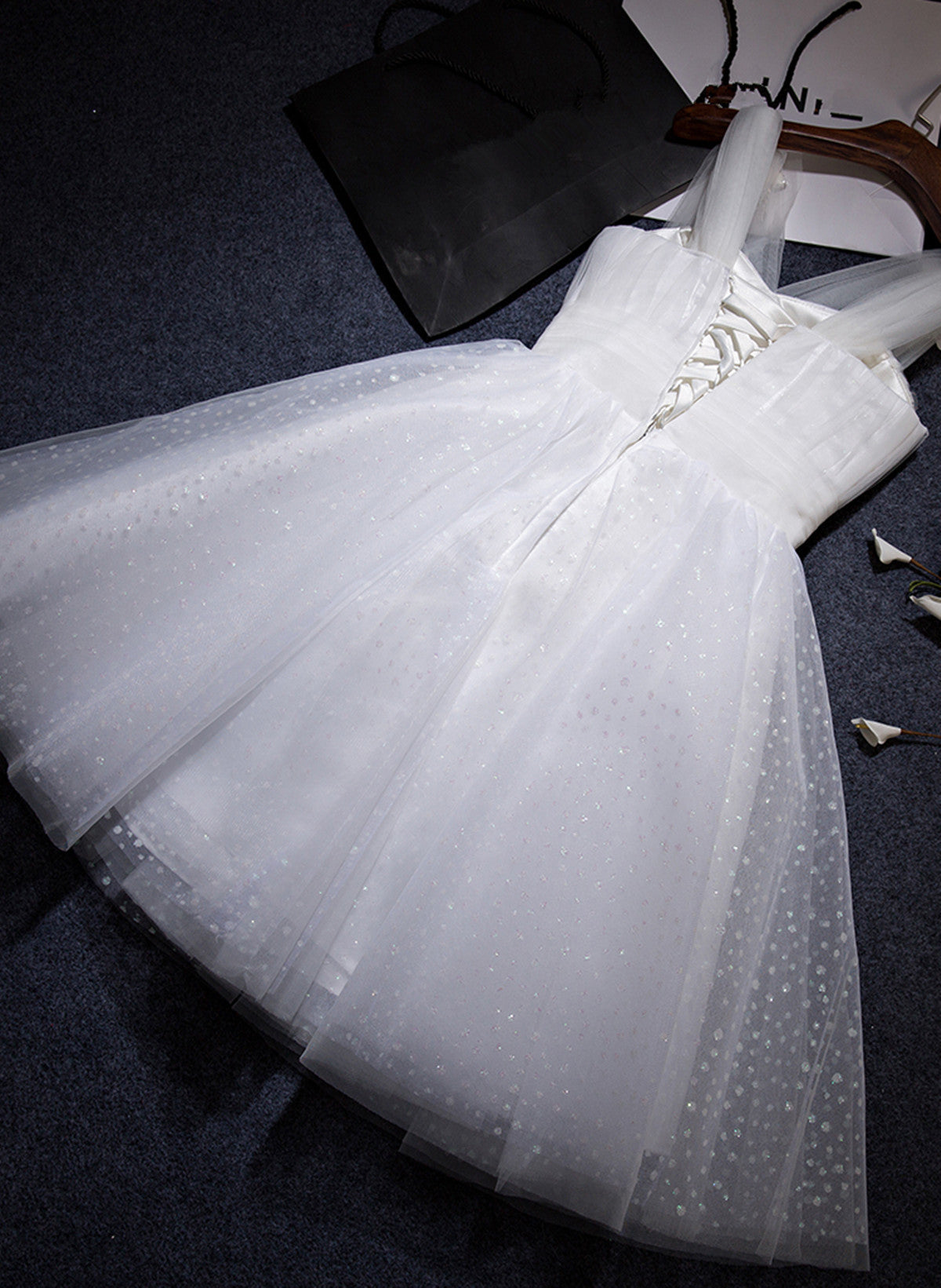 Long Dress, White Beaded Tulle V-neckline Short Party Dress, White Tulle Graduation Dress Prom Dress