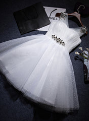 Fancy Dress, White Beaded Tulle V-neckline Short Party Dress, White Tulle Graduation Dress Prom Dress