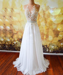Girlie Dress, White Chiffon Tulle Appliques Lace Sweep Train Sexy Open Back Prom Dresses, Lace Formal Dresses