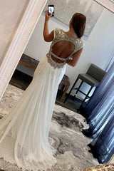 White Deep V-Neck Backless Prom Dress with Beading