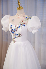 Bridesmaid Dresses Summer, White High Neckline A-line Short Sleeves Party Dress, White Long Formal Dress