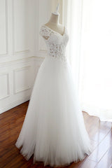 Wedding Dresses Princess, White Lace Cap Sleeves Tulle Floor Length Party Dress, A-line White Wedding Dresses