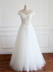 Wedding Dress Satin, White Lace Cap Sleeves Tulle Floor Length Party Dress, A-line White Wedding Dresses