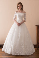 Wedding Dress Idea, White Lace Long Sleeves Off Shoulder Strapless A Line Floor Length Wedding Dresses