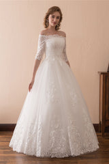 Wedding Dress With Covered Back, White Lace Long Sleeves Off Shoulder Strapless A Line Floor Length Wedding Dresses