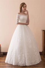 Wedding Dress Beautiful, White Lace Long Sleeves Off Shoulder Strapless A Line Floor Length Wedding Dresses
