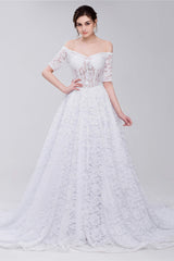 Wedding Dress , White Lace Off The Shoulder Short Sleeve Corset Wedding Dresses