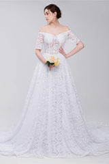 Wed Dress Lace, White Lace Off The Shoulder Short Sleeve Corset Wedding Dresses