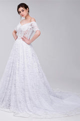 Wedding Dressed Lace, White Lace Off The Shoulder Short Sleeve Corset Wedding Dresses