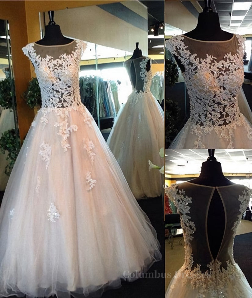 Party Dress Halter Neck, White Lace Prom Gown, A-Line Tulle See Through Prom Dresses, Formal Dresses
