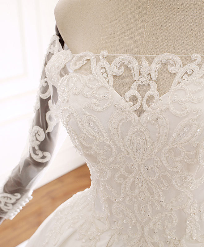 Wedding Dress Price, White Lace Satin Long Wedding Dress, Lace Satin Long Bridal Gown