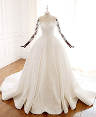 Wedding Dresses Price, White Lace Satin Long Wedding Dress, Lace Satin Long Bridal Gown
