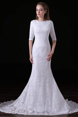 Wedding Dresses Under 10008, White Lace Sleeves Button Back Mermaid Wedding Dresses