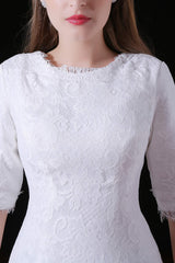 Wedding Dress For Large Bust, White Lace Sleeves Button Back Mermaid Wedding Dresses