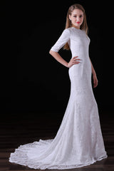 Wedding Dress Vintage Lace, White Lace Sleeves Button Back Mermaid Wedding Dresses