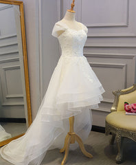 Wedding Dress For Outside Wedding, White Lace Tulle High Low Long Wedding Dress, Bridal Dress