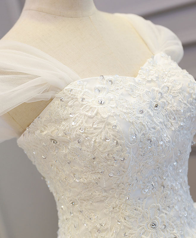 Wedding Dresses Website, White Lace Tulle High Low Long Wedding Dress, Bridal Dress