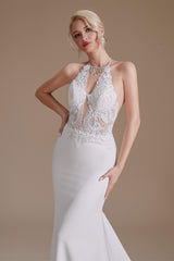 Wedding Dress With Sleeve, White Mermaid Halter Backless Sweep Train Wedding Dresses with Lace