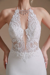 Wedding Dress Accessory, White Mermaid Halter Backless Sweep Train Wedding Dresses with Lace
