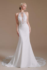 Wedding Dresses Accessories, White Mermaid Halter Backless Sweep Train Wedding Dresses with Lace