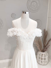 Wedding Dresses 2024, White Off Shoulder Flowers Long Wedding Dress, White Beach Wedding Dress