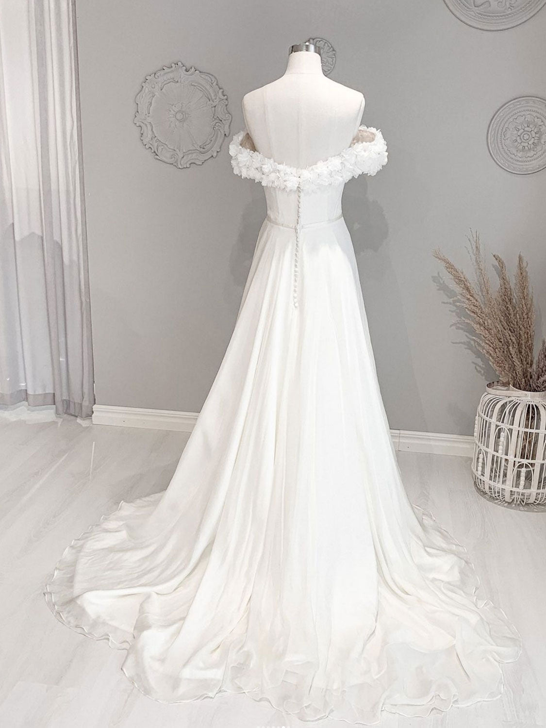 Wedding Dresses Online Shopping, White Off Shoulder Flowers Long Wedding Dress, White Beach Wedding Dress