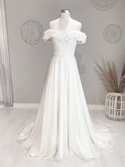 Wedding Dress Online Shopping, White Off Shoulder Flowers Long Wedding Dress, White Beach Wedding Dress
