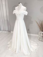 Wedding Dress Cheap, White Off Shoulder Flowers Long Wedding Dress, White Beach Wedding Dress