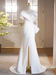Open Back Prom Dress, White Off Shoulder Satin Long Prom Dress, White Formal Dress