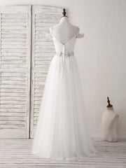 Bridesmaid Dress Inspiration, White Off Shoulder Tulle Beads Long Prom Dress White Evening Dress